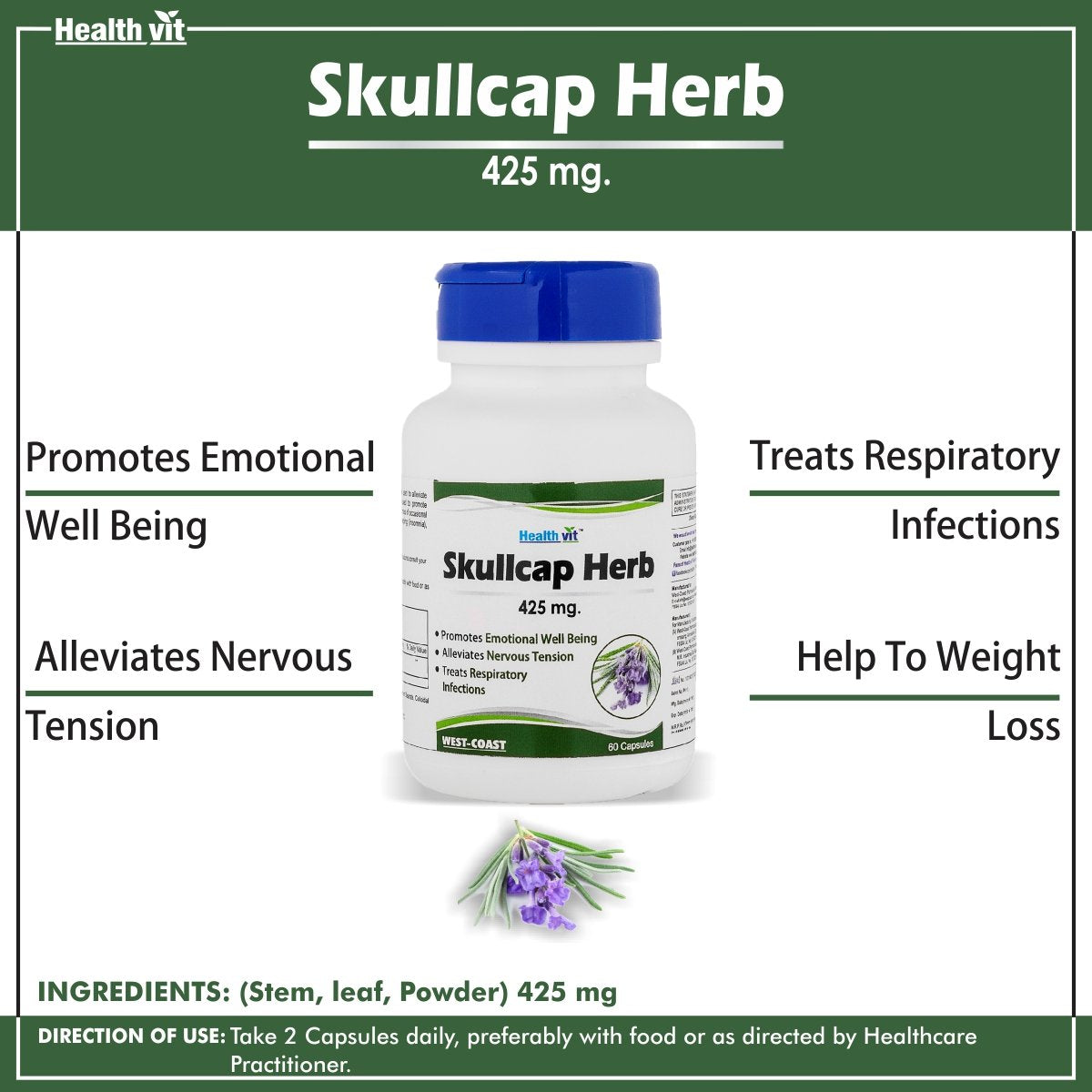 Healthvit Skullcap Herbs 425 mg for Nervous System Support - 60 Capsules