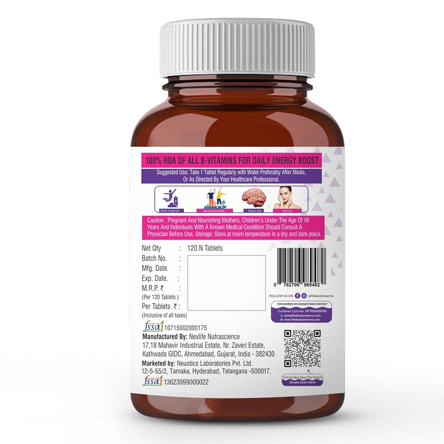 The Body Reserve Vitamin B Complex Tablets- 120 Veg Tablets 100% Rda Of Vitamin B1, B2, B3, B5, B6, B7, B9 & B12, Vitamin B Complex Supplements For Women & Men (4 Months Supply Pack)