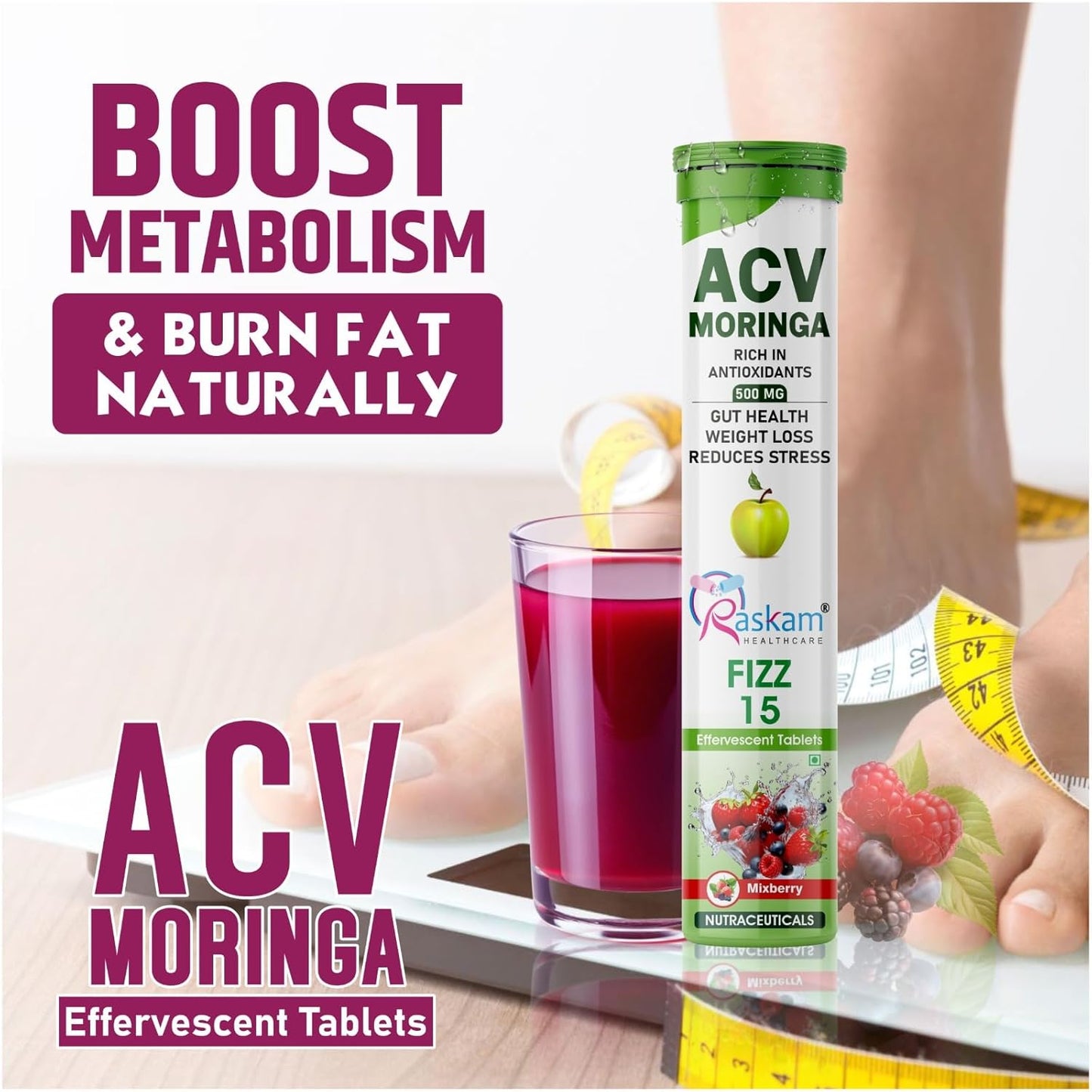ACV Moringa Effervescent Tablets | Fizz 15 Tablets in Mixberry Flavor, 500mg| Natural Energy & Immunity Booster with Antioxidants to Control Cravings (Pack of 1)