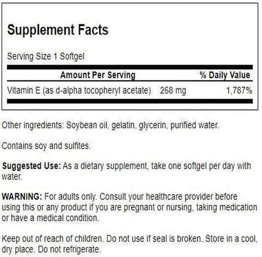Swanson Natural Vitamin E 400 IU - Dietary Supplement for Daily Antioxidant Support - Can Support Immune System - Essential Nutrient and Vitamin Supplement (268 mg, 100 Softgels)