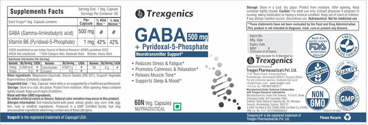 Trexgenics GABA (Gamma aminobutyric aicd) 500 mg, Pyridoxal 5 Phosphate 1 mg, Neurotransmitter, Stress, Sleep Support VEGAN & NON-GMO (60 Veg Capsules) (Pack of 1)