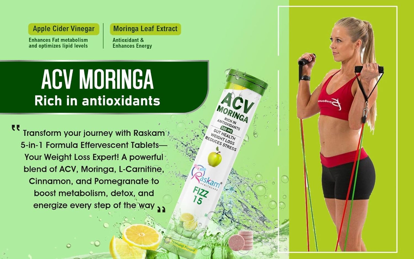 ACV Moringa 500mg Shikanji Flavour 15 Effervescent Tablets For Gut Health | Weight Loss | Reduces Stress | 100% Vegan | 15 Tablets Each (Pack of 1)