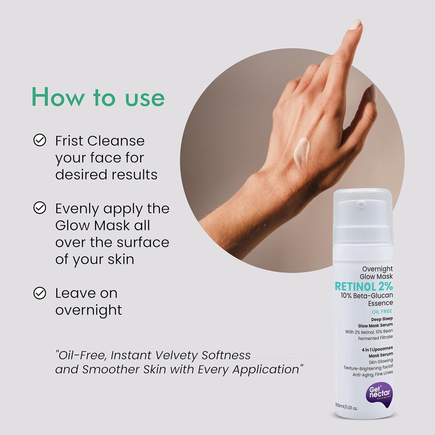 Get Nectar Happiness Overnight Glow Mask Night Serum 2% Retinol (Oil Free) with Beta-glucan & Bean Essence for Anti-Aging, Fine Lines, Wrinkles & Younger-Look (30ml)