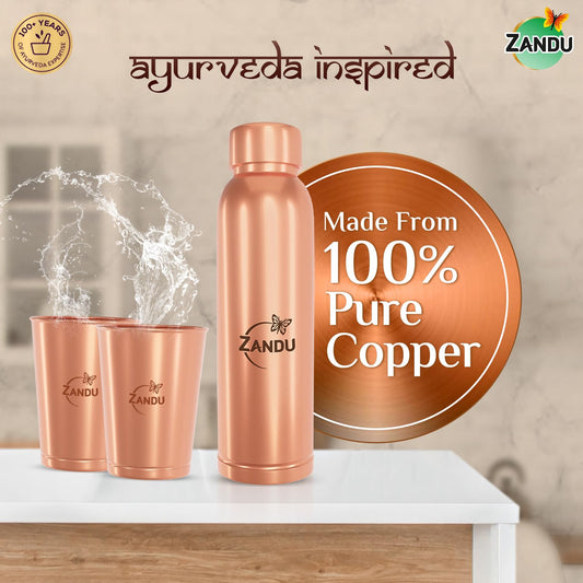 Zandu Copper Gift Set Pack (1 Bottle & 2 Tumbler): Made with 100% Pure Copper |Supports Digestive & Liver Health | Helps Enhance Immunity| Useful in Promoting Overall Health (Pack of 950ml & 2x300ml)