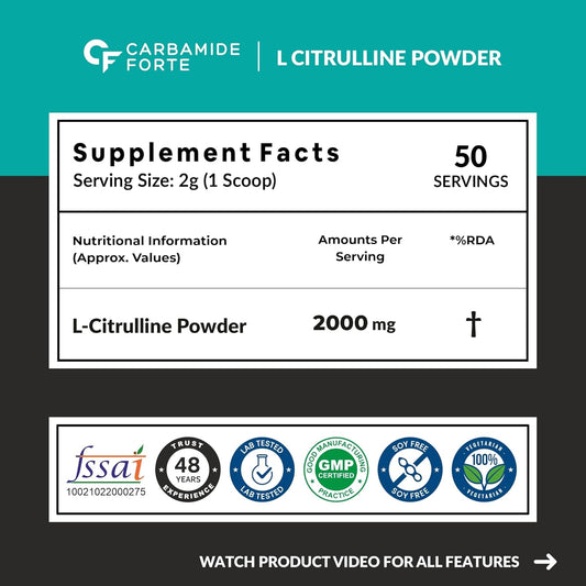 Carbamide Forte L Citrulline Powder 2000mg | pre workout Supplement for men & Women | L Citrulline Malate Powder | 2000mg 50 Unflavored Servings