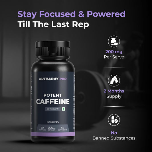 Nutrabay Pro Potent Caffeine Tablets 200mg | Natural Stimulant for Energy, Endurance & Focus, 60 Veg Tablets
