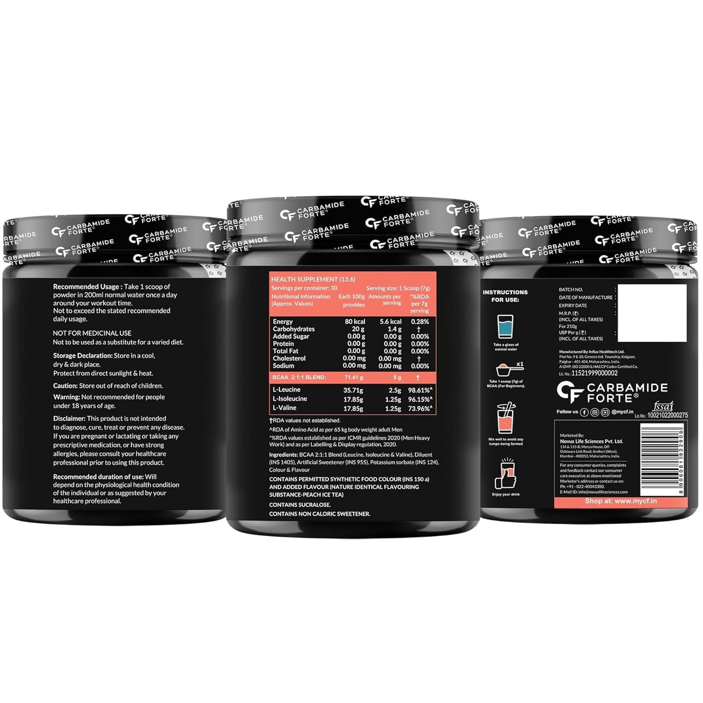 Carbamide Forte BCAA Powder 5000mg | 2:1:1 Ratio BCAA Supplement for Men & Women | Muscle Recovery & Growth | Pre & Intra Workout | Peach Ice Tea Flavour – 210g