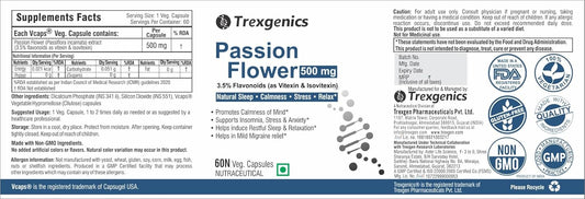 Trexgenics® PASSION FLOWER (3.5% Flavonoids as Vitexin/Isovitexin) 500mg Natural Sleep, Calmness, Stress, Relax (60 Vcaps) (1)