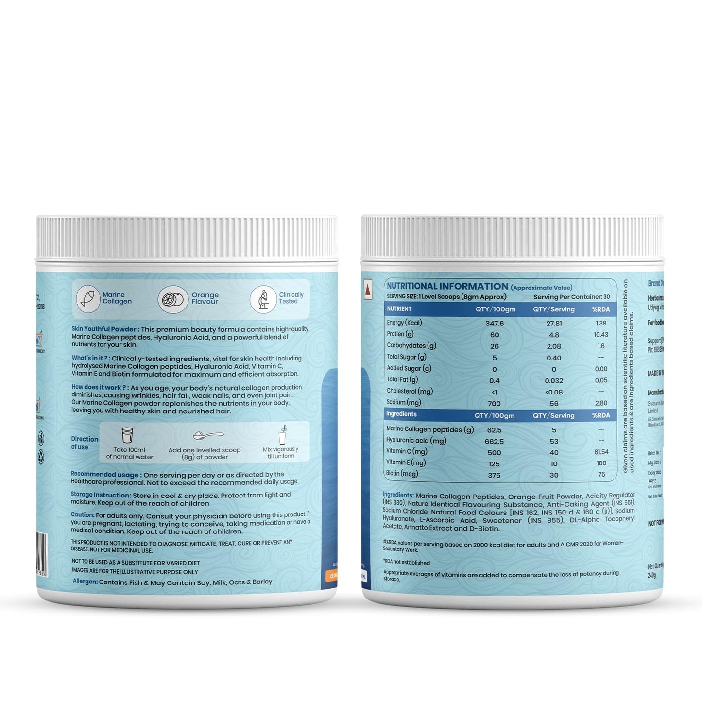 Herbal Max Marine Collagen Powder | Orange Flavour | Type I & III Hydrolyzed Collagen Peptides with Hyaluronic Acid, Vitamin C, Vitamin E & Biotin | Supports Skin, Hair, Nails, Bones & Joints | 240g