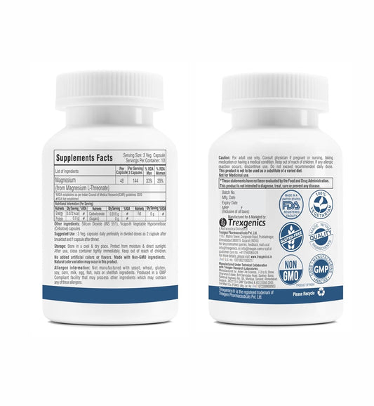 Trexgenics MAGNESIUM L-THREONATE Next Generation Bioavailable Magnesium, Cognitive Function & Brain Health Support (30 Veg. Capsules) (Pack of 1)