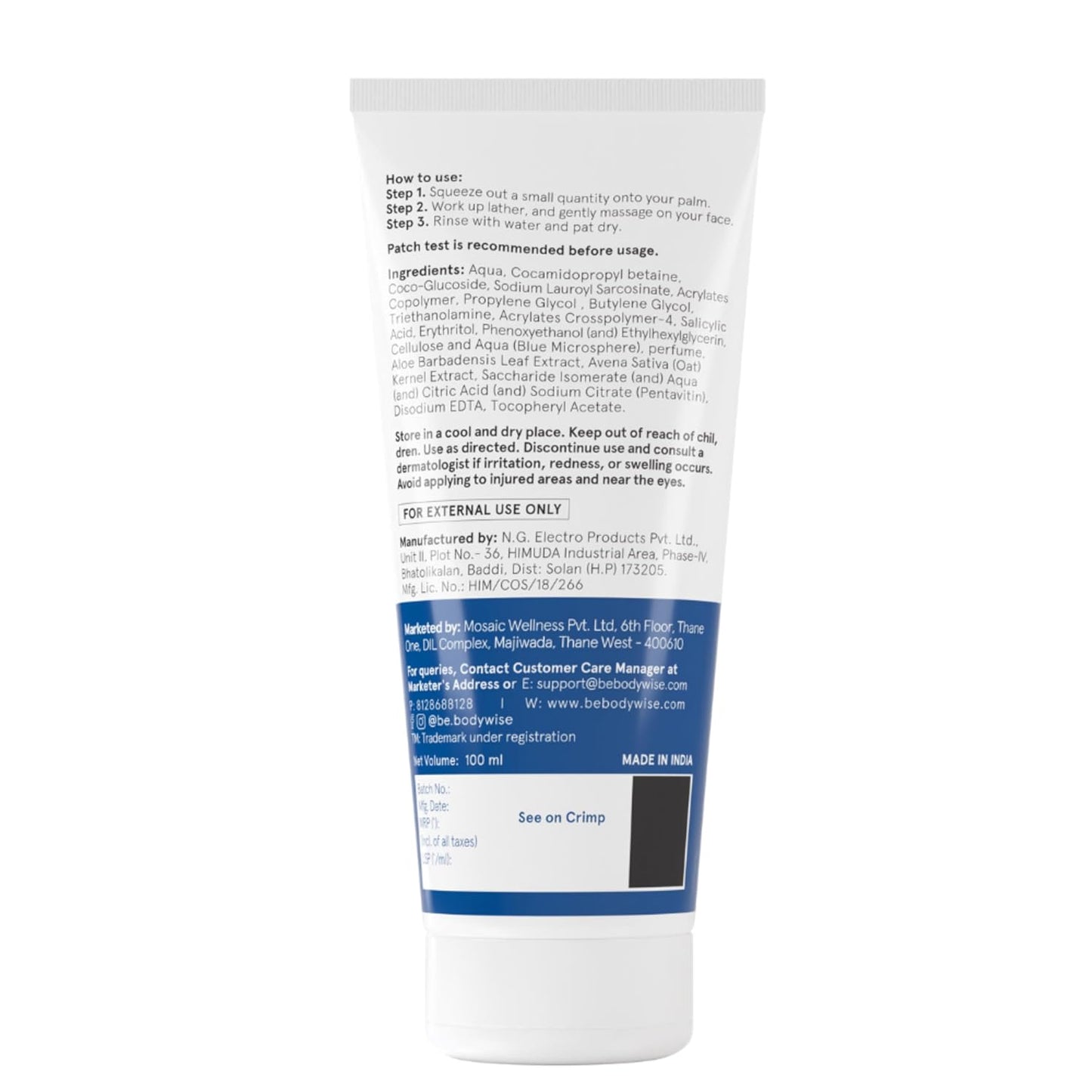 Be Bodywise 2% Salicylic Acid Face Wash for Acne Prone skin | For Oily & Sensitive skin | Deep Cleanses your Skin & Prevents Acne | Developed by Dermatologists | 100ml