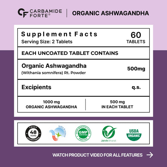 Carbamide Forte Ashwagandha Tablets 1000mg | Organic Ashwagandha Powder Supplements for Men & Women for Stress And Anxiety Relief | Organic Tablets | 60 Tablets