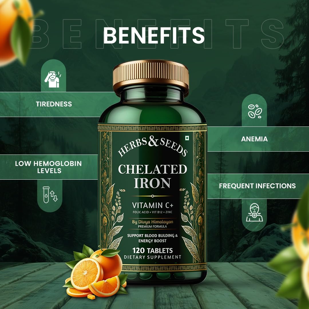 Simply Herbal Chelated Iron with Vitamin C, B12, Folic Acid, and Zinc - 60 Tablets - Supports Iron Absorption, Immune Health, and General Well-Being