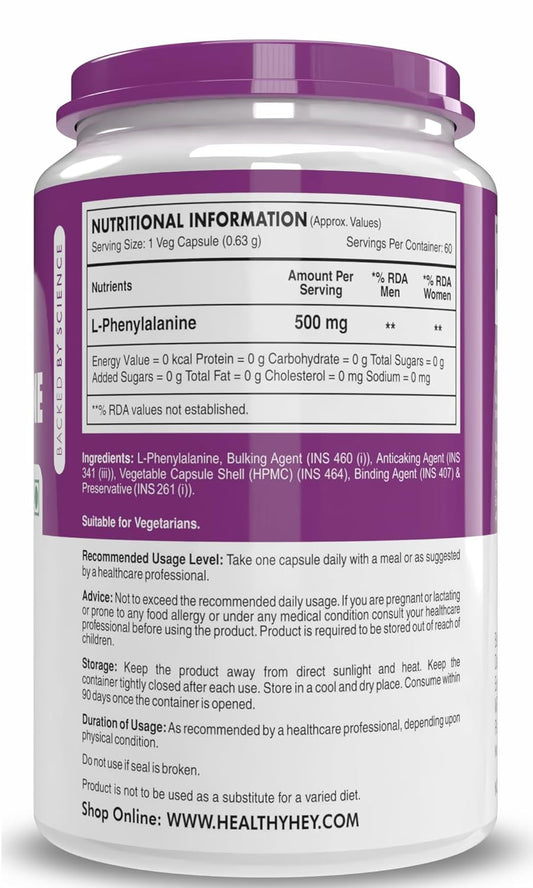HealthyHey Nutrition L-Phenylalanine 60 Vegetarian Capsules - Gluten Free - Non GMO