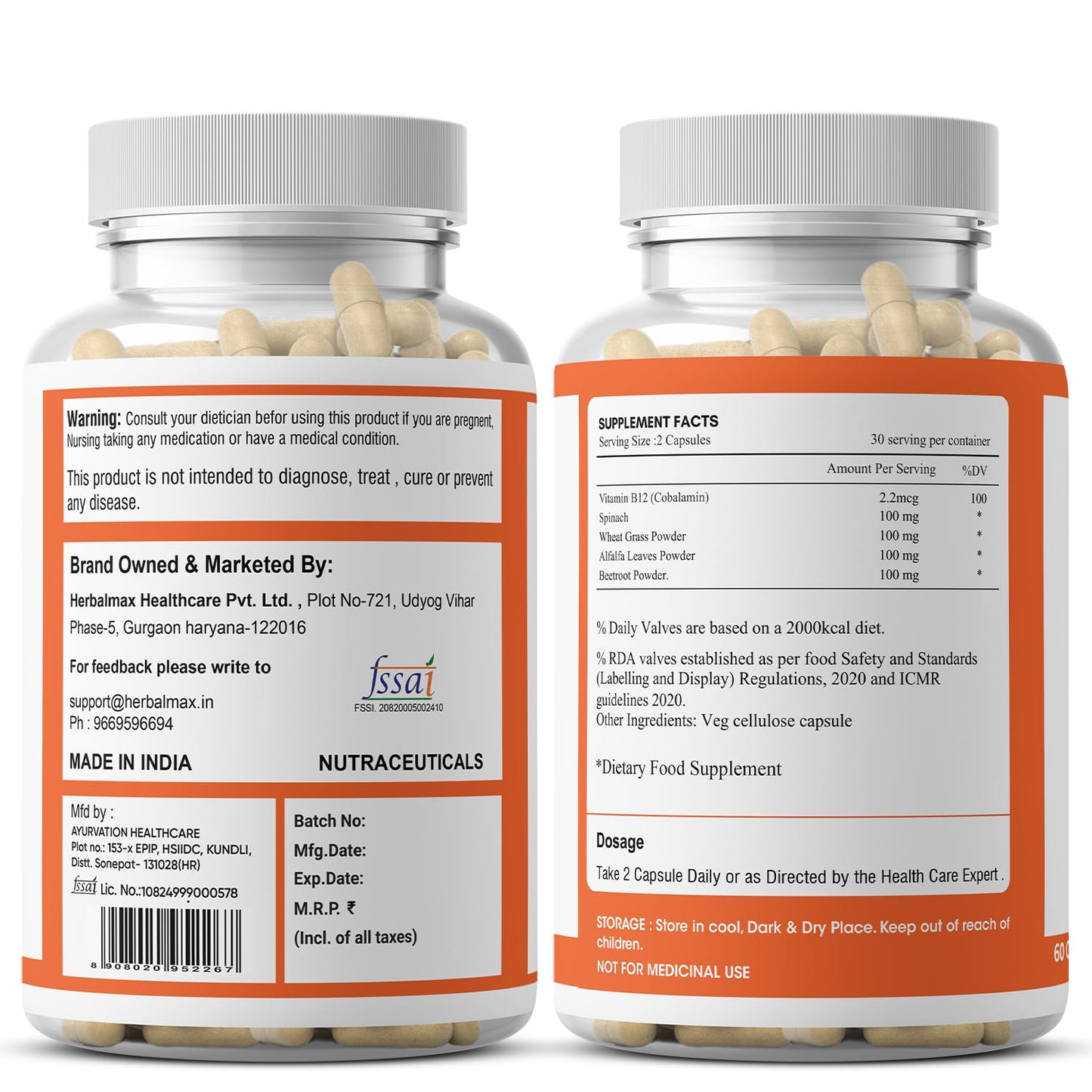 Herbalmax Plant-Based Vitamin B-12 2.2mcg – 60 Veg Capsules | Boost Energy & Metabolism, Supports Healthy Nervous System, Brain Function, Mental Clarity & Focus for Men & Women