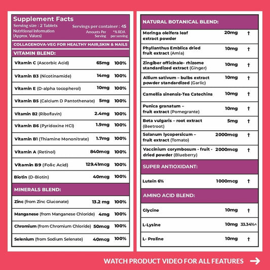 Carbamide Forte Veg Collagen Supplements for Bones | Veg Collagen Tablets For Women & Men | Plant Based Tablets For Hair, Nails & Healthy Skin | 90 Tablets