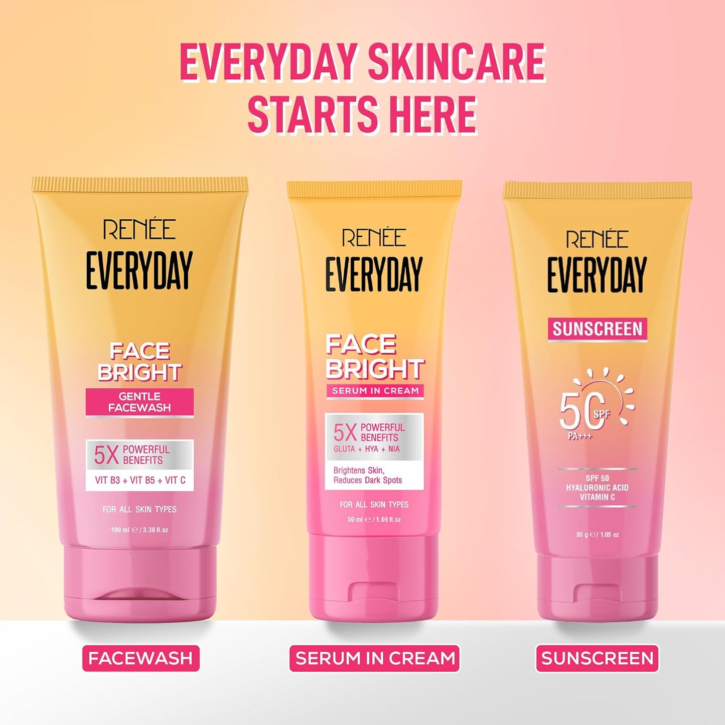 RENEE Everyday Face Bright Serum In Cream | Brighter, Hydrated Skin | Reduces Dark Spots, Even Skin Tone | With Niacinamide, Hyaluronic acid & Glutathione | 50 ml