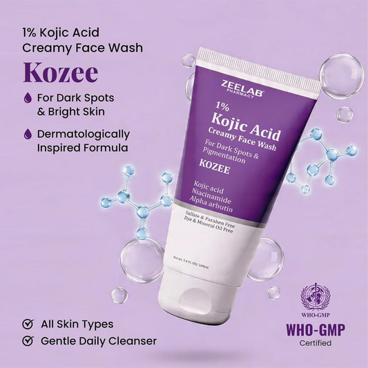 Zeelab Kozee Kojic Acid 1% Face Wash for Dark Spots & Uneven Skin Tone | With Alpha Arbutin, Niacinamide & Vitamin E | Gentle Brightening & Cleansing Face Wash | Suitable for All Skin Types | 100ml