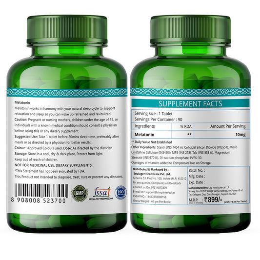 Simply Herbal Melatonin 10mg Sleeping Tablet, Non-Habit Forming, Deep Sleep Supplement, Helps Stress & Anxiety Relief, Support Jet Lag Strain for Men Women Adults, Healthy Sleep Cycle (60 Tablets)