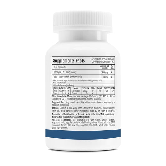 Trexgenics COENZYME Q10 200 mg USP grade Ubiquinone (Ubidecarenone) with Piperine 8 mg Antioxidant, Cellular Energy, Heart Health (30 Veg Capsules)