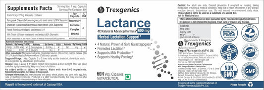 Trexgenics LACTANCE Lactation Support 4X Galactagogues 600 mg VEGAN & NON-GMO (60 Veg. Capsules) (Pack of 1)