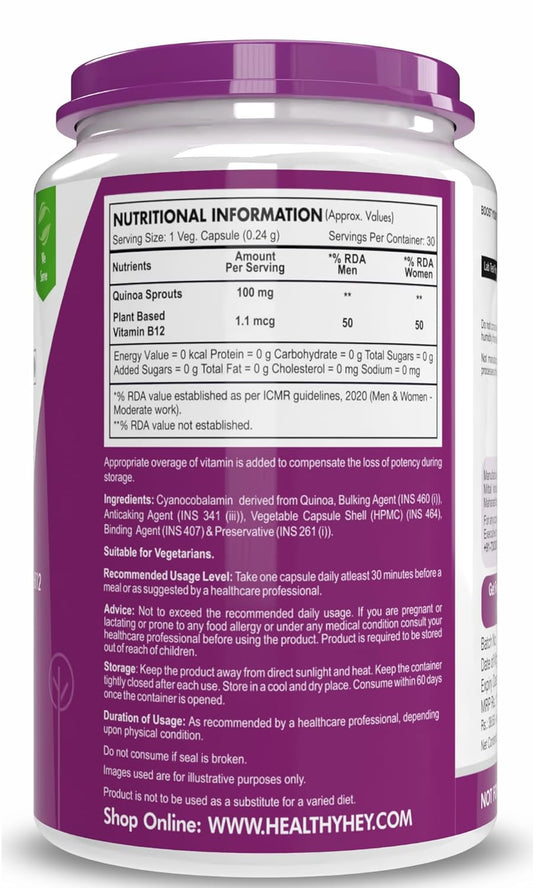 HealthyHey Nutrition 100% Natural Vitamin B12 - Support Immune Health | Non-Synthetic, No-Chemical | 30 Veg. Capsules