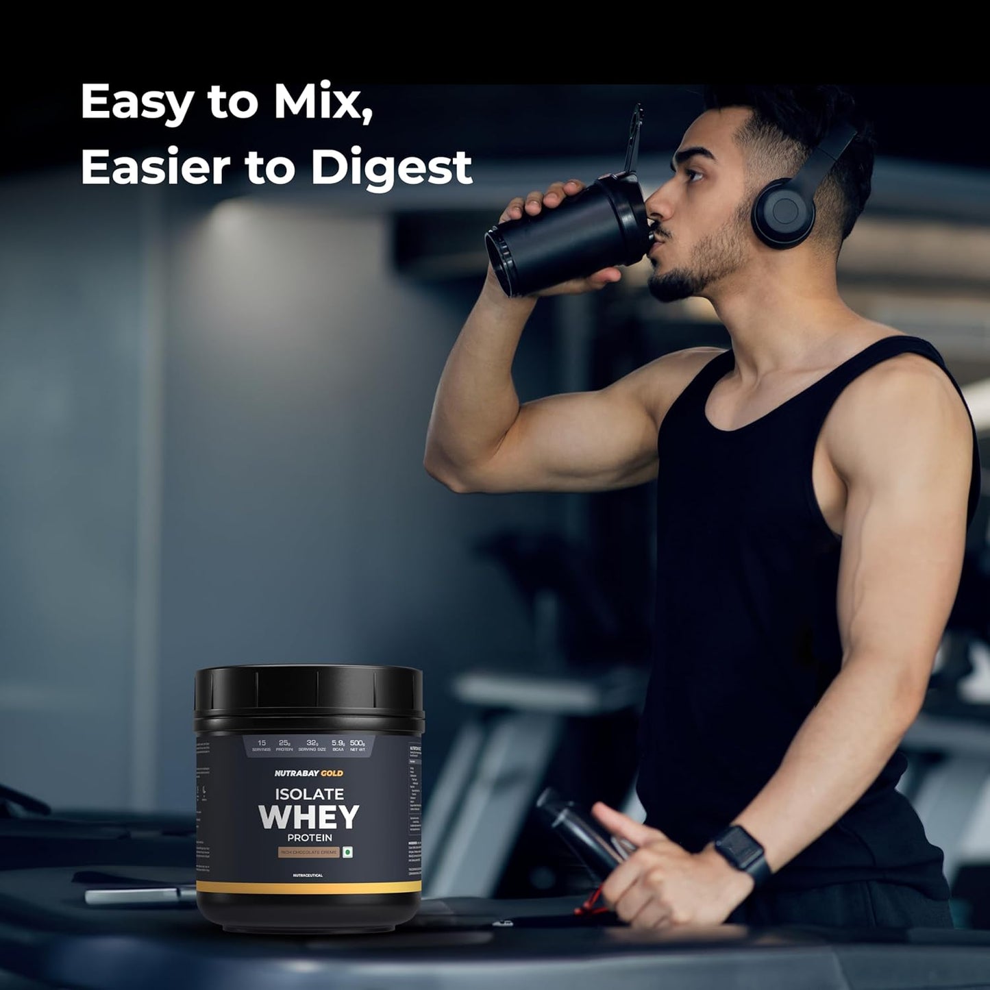 Nutrabay Gold Whey Protein Isolate Powder 25g Protein, 5.9g BCAA per Serving, Easy to Digest, NABL Lab Tested – Muscle Growth & Recovery – 500g, Rich Chocolate Crème|100% Authentic Clean Protein
