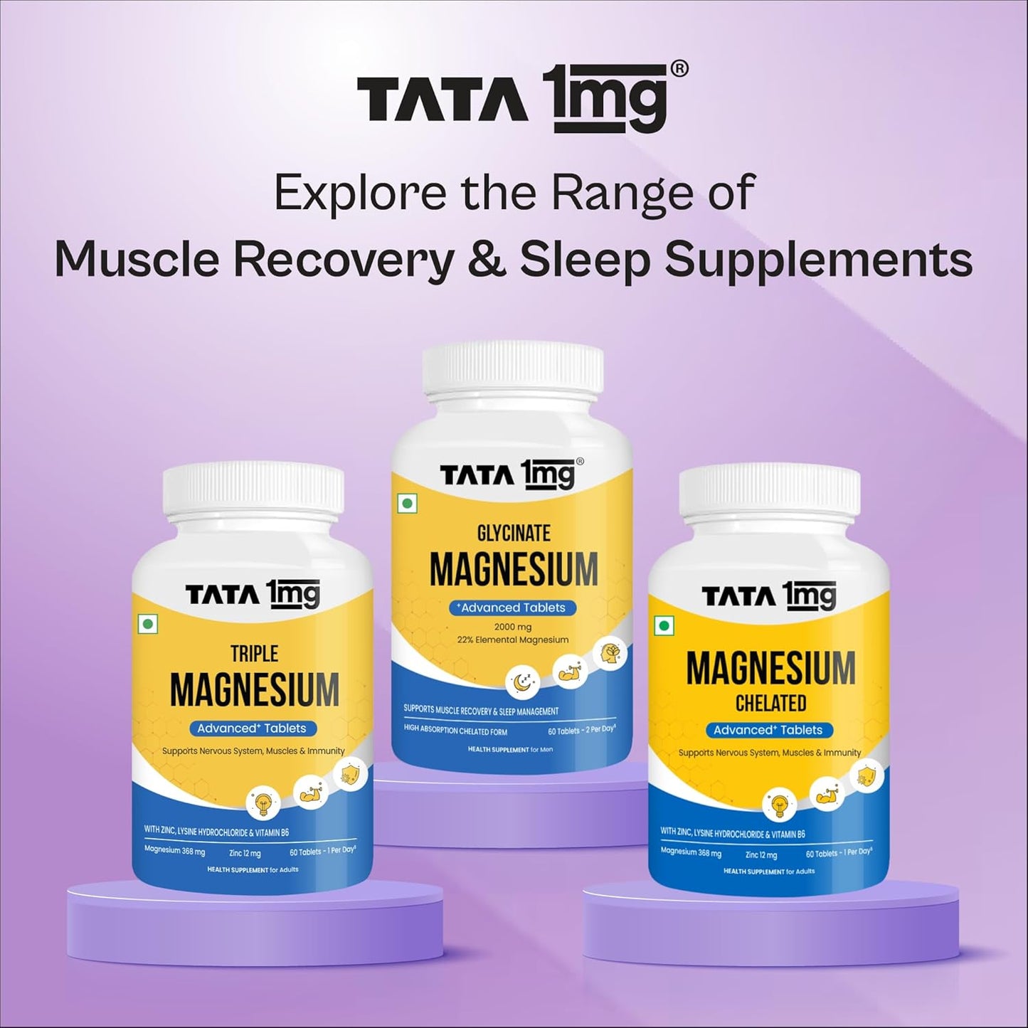 Tata 1mg Magnesium Glycinate Tablets |2000mg | High Absorption Chelated form for Muscle Recovery, Sleep & Nerve Health | 2000mg Per Serving – 60 Veg Tablets