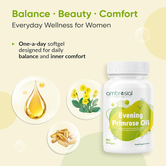 AMBROSIAL Evening Primrose Oil (EPO) 1000mg | 60 Capsules | Rich Source of Omega 6 & GLA | Non-GMO, Gluten Free | No Artificial Preservatives (Pack of 1-60 Softgels)