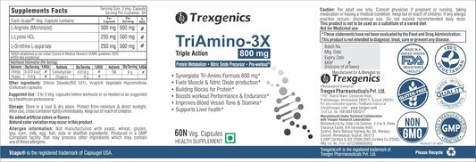 Trexgenics® TRIAMINO-3X Advanced Nitric Oxide Precursor, Protein Metabolism, Endurance, Recovery, Blood Circulation & Pre-Workout, L Arginine 300mg, Ornithine 250 mg & Lysine 250mg/Capsule (60 Veg. Capsules)