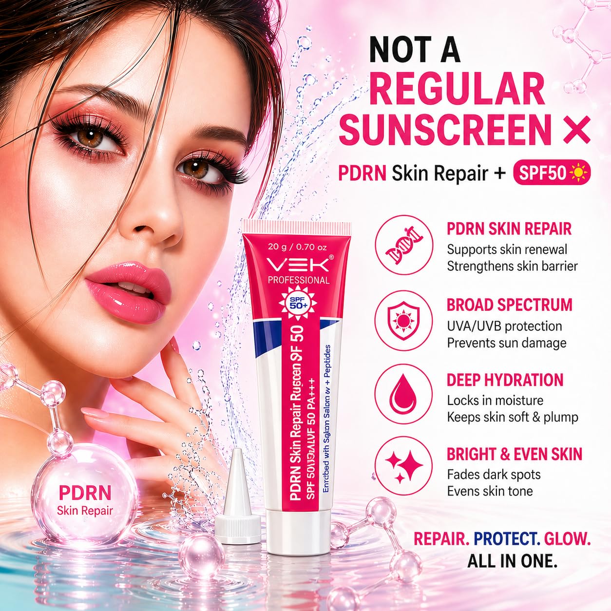 VSK Professionals PDRN Repair Tinted Sunscreen SPF 50+ | Broad Spectrum UVA/UVB Protection | Skin Repair Formula with Natural Tinted Coverage | Lightweight, Non-Greasy Daily Wear for Even, Glowing Skin Tone | 20g (Pack of 1)