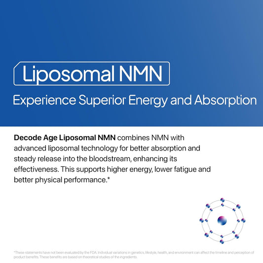 Decode Age Liposomal NMN | 99.9% Pure β‑NMN | NAD⺠Booster | High Absorption for Energy, Metabolism, DNA Repair, Healthy Aging | 500 mg, 30 Veg Capsules