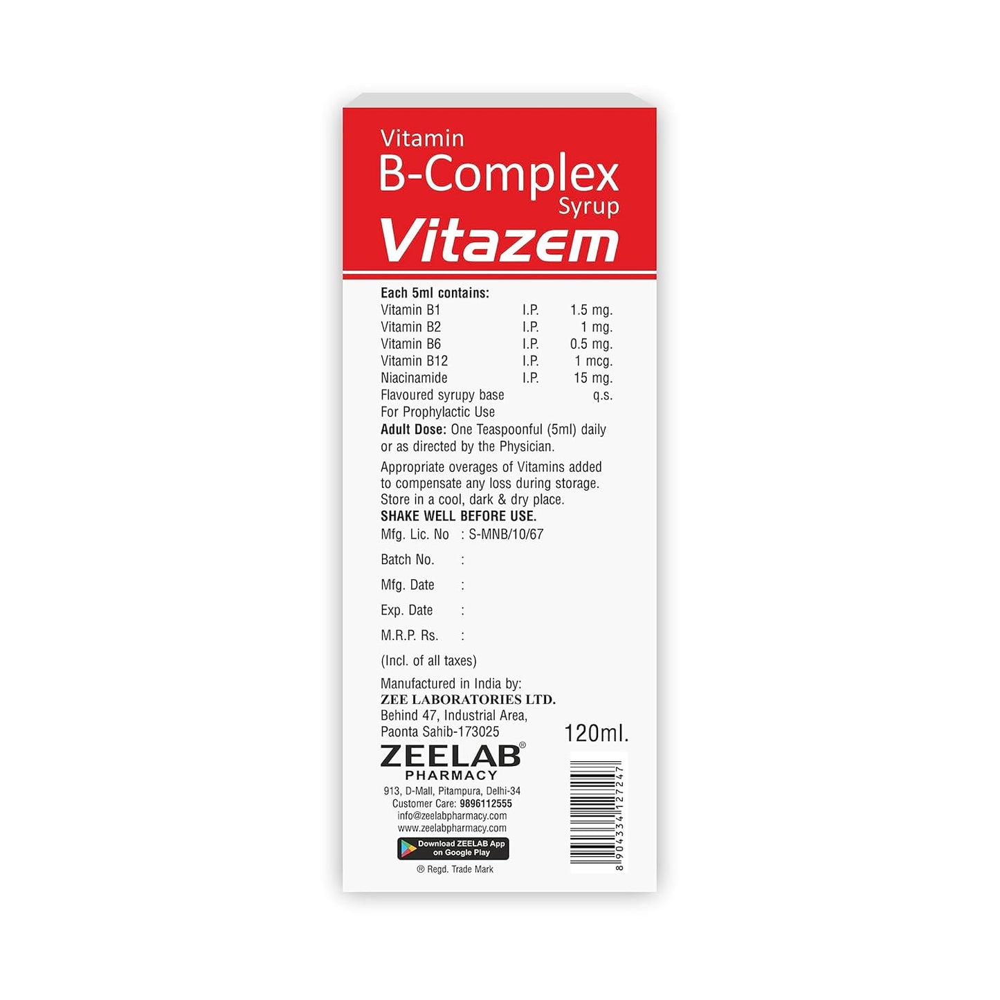 Zeelab Vitazem Syrup 120ml | Complete Vitamin B-Complex Syrup Supplement for Men and Women | Sugar Free