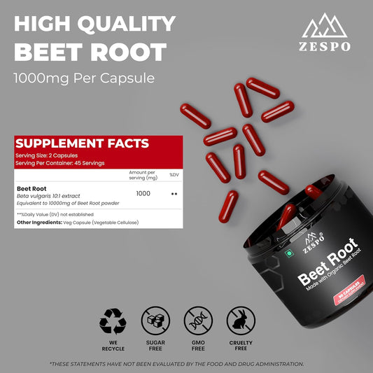 Zespo Organic Beet Root Capsules 1000mg – Supports Heart Health, Blood Pressure, Energy, Antioxidant & Stamina – Vegan, Non-GMO | 90 Capsules