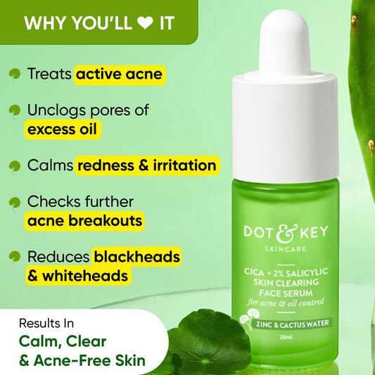 Dot & Key 2% Salicylic Acid + Cica Anti Acne Serum with Zinc | Salicylic Acid Serum for Acne and Dark Spots | Serum for Oily Acne Prone Skin & Sensitive Skin | Oil-Free & Non Comedogenic | 20 ml