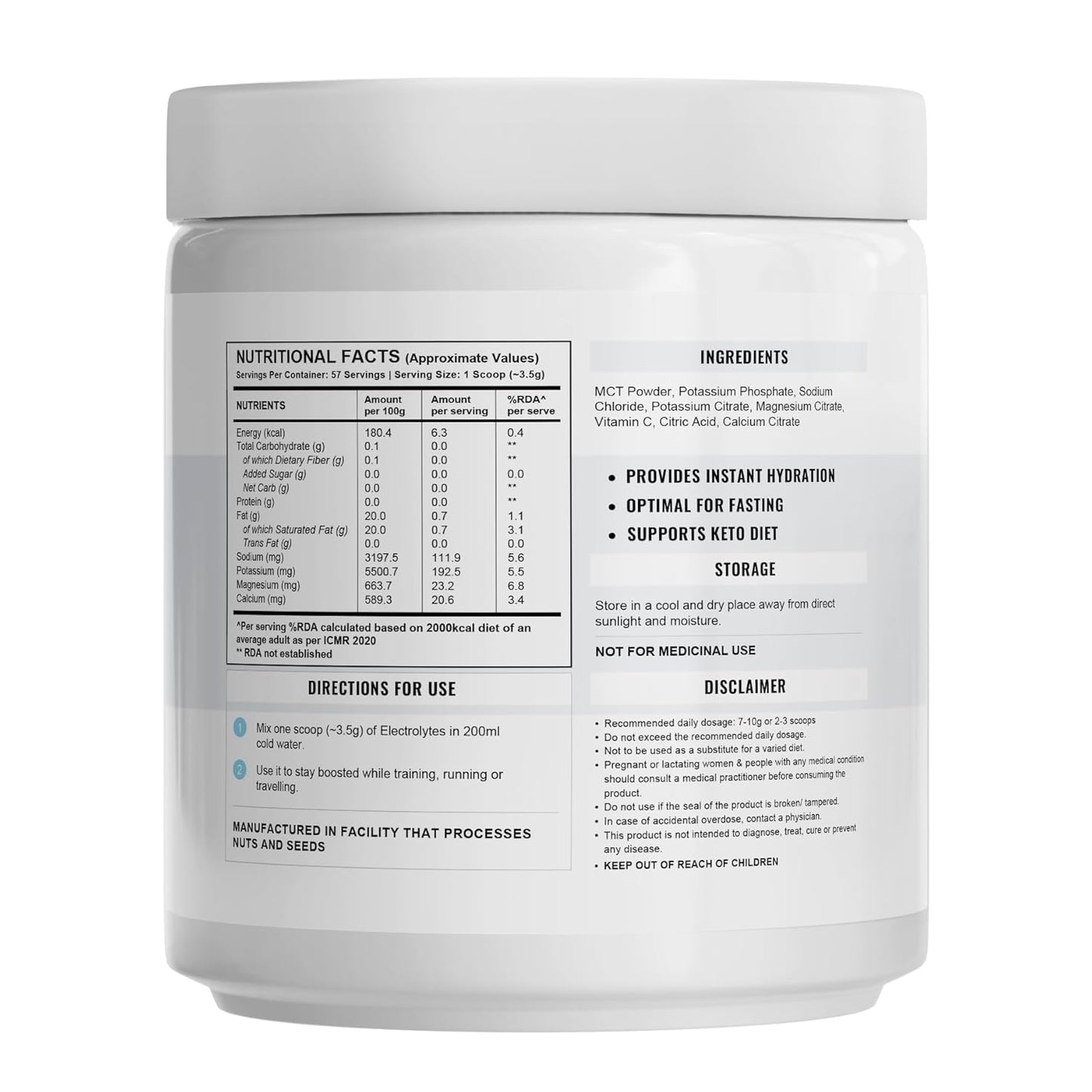 Wellcore - Electrolytes (Unflavoured, 200g)| Electrolyte Drink With 5 Vital Electrolytes: Na, Mg, Ca, K, PO4|Sugar Free Electrolyte Powder|Fat Fuel Powered Keto Electrolyte, 1 count, 57 Servings