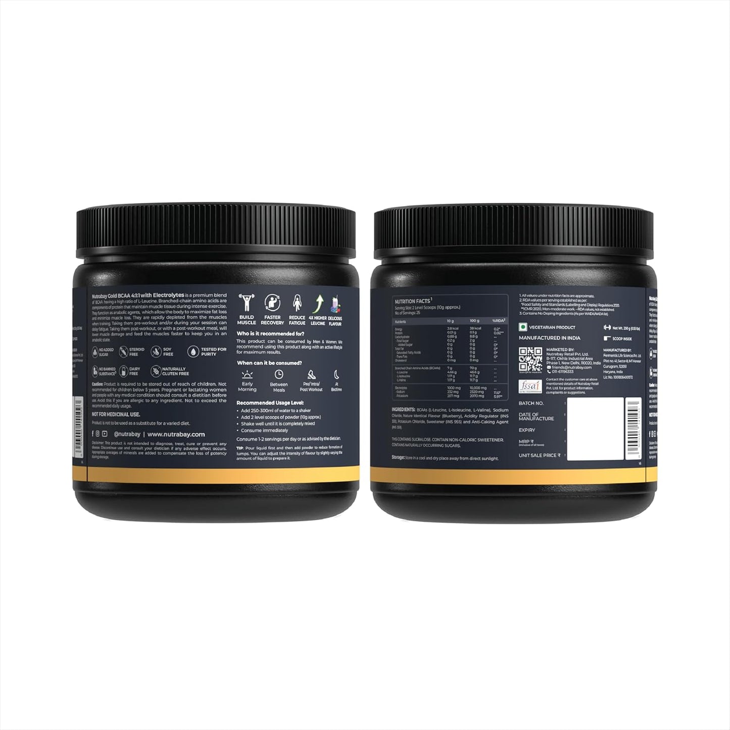 Nutrabay Gold BCAA 4:1:1 with Electrolytes 7000 mg Vegan BCAAs, 1000mg Electrolytes per Serving – Intra/Post Workout Energy Drink for Muscle Recovery & Endurance - 250g, Berry Blast