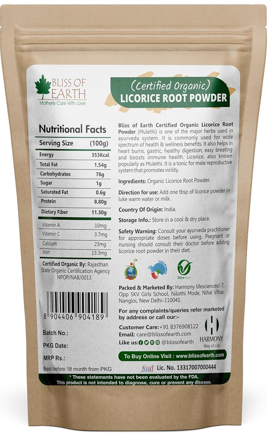 Bliss of Earth Organic Licorice Root Powder For Eating Mulethi Powder For Digestion Skin Whitening Hair & face 453 gm