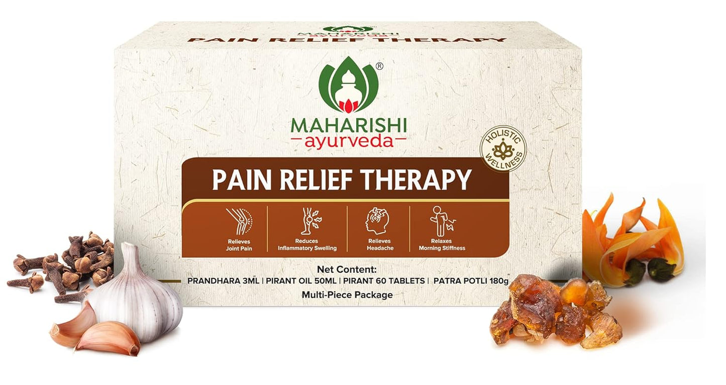 Maharishi Ayurveda Pain Relief Therapy | A Combo of Pirant Tablets, Pirant Oil, Prandhara & Patra Potli, 60 Tablets