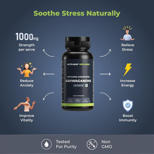 Nutrabay Wellness Ashwagandha Extract Tablet (Withania Somnifera), Enhances Energy, Stamina, Immunity | Anxiety & Stress Relief, 1000mg - 60 Veg Tablets