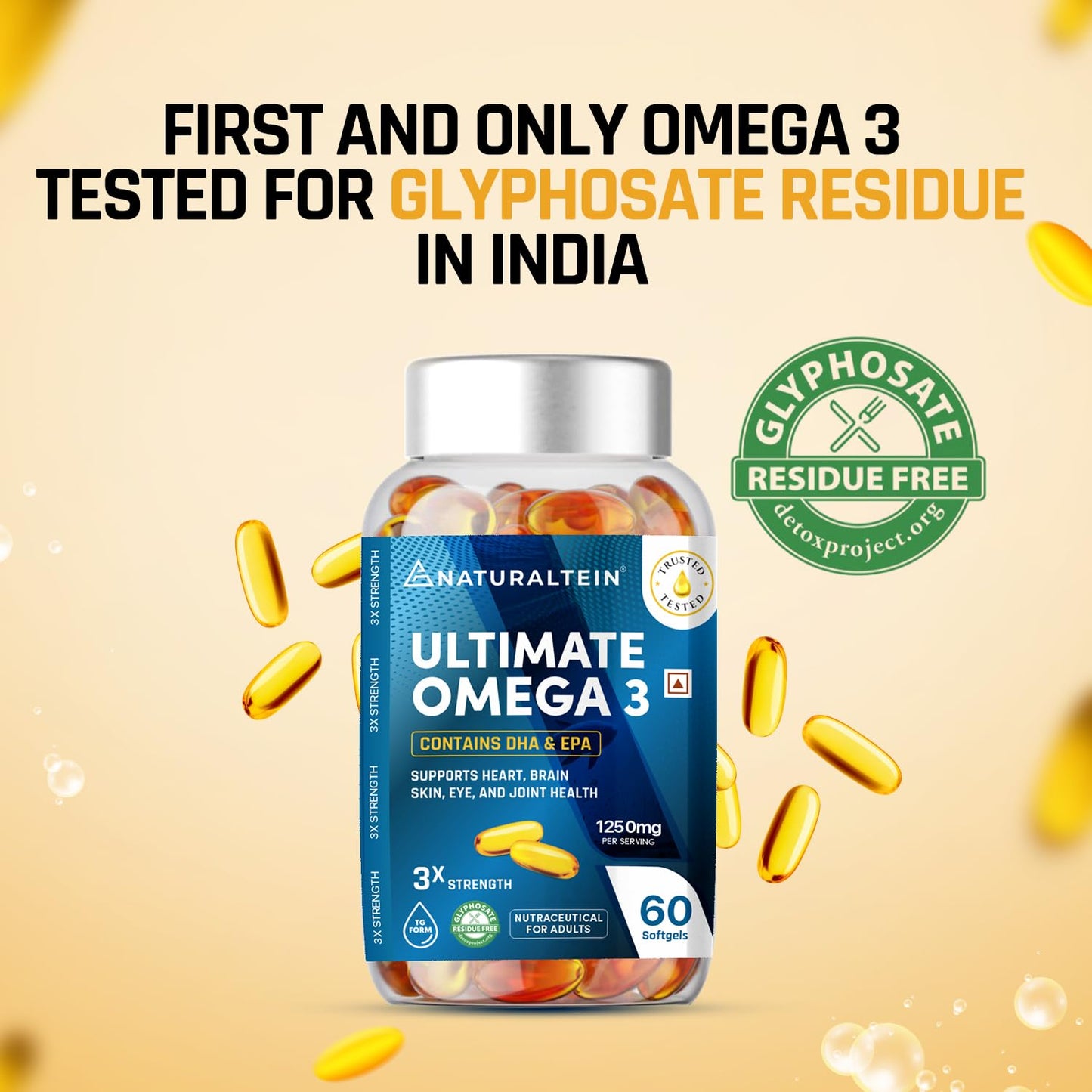NATURALTEIN Omega-3 Fish Oil 1250mg Triple Strength Softgels | 450mg EPA & 300mg DHA in Triglyceride Form for Better Absorption | Heart, Brain, Eye & Joint Support | Glyphosate-Free | 60 Capsules