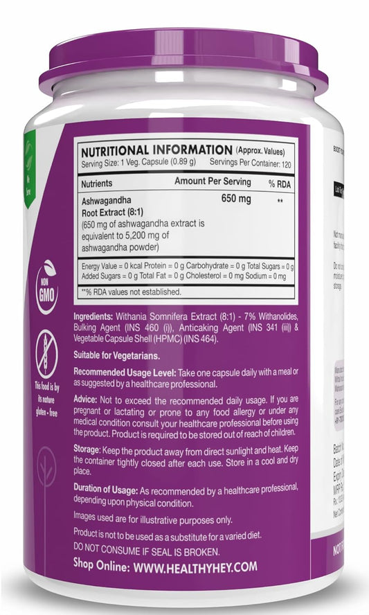 HealthyHey Nutrition Ashwagandha Powder Withania Somnifera | 100% Natural Ashwagandha Capsules - Ashwagandha Rejuvenates Mind & Body-120 Ashwagandha Capsules