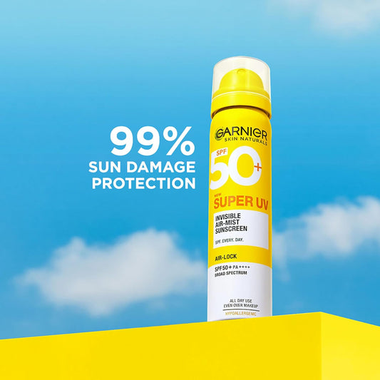Garnier SuperUV Invisible Air Mist Sunscreen SPF50 PA++++ UVA/B for Broad Spectrum | Application over Makeup Sunscreen Spray | No White Cast | For All Skin Types | Lightweight | For Men & Women 75ml