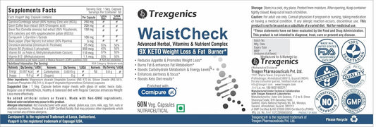 Trexgenics Waistcheck 9X Keto Weight Loss Management with Carnipure 100 Mg (Lonza, Switzerland) , 60 Veg. Capsules