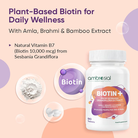 Ambrosial Biotin Tablets with Amla, Brahmi & Bamboo Extract | Plant-Based Biotin Supplement for Hair, Skin & Nails | Vegetarian Formula – 90 Tablets