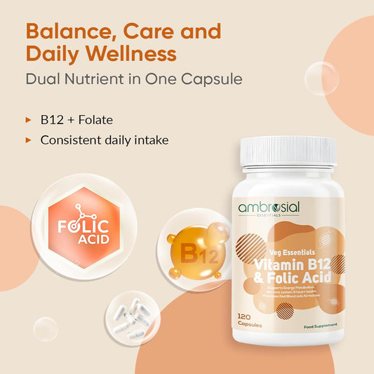 Ambrosial Vitamin B12 1000 mcg + 500 mcg Folic Acid | High Strength 1500 mcg b12 vitamin & Folic Acid |Reduction of Tiredness & Fatigue | B12 Supplement for Immune System & Energy | 120 Vegan Capsules