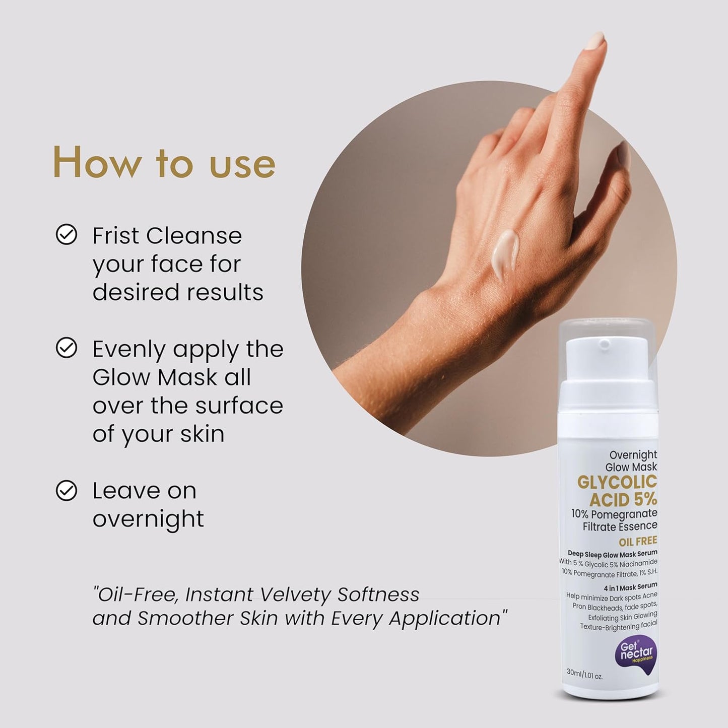 Get Nectar Happiness Overnight Glow Glycolic Acid Mask 5% w/w with 10% Pomegranate Essence for Anti-Acne and Blemishes | Help Minimize Dark Spots, Blackheads, Exfoliating, Skin Glowing Texture (30ml)