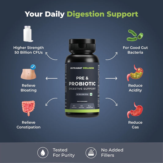 Nutrabay Wellness Pre & Probiotic Digestive Support 50 Billion CFUs - Improves Digestion & Immunity, Probiotic Supplement for Men and Women - 60 Veg Capsules