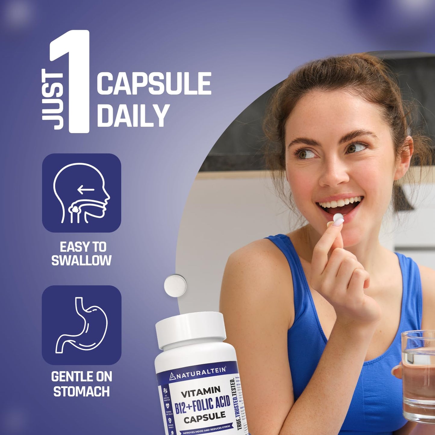 NATURALTEIN Vitamin B12 + Folate Capsules (60 Capsules) | High Strength Methylcobalamin & L-Methyl Folate | Supports Energy, Brain & Heart Health | Lab-Tested | With Rice Starch & Vegetarian HPMC Capsule Shell