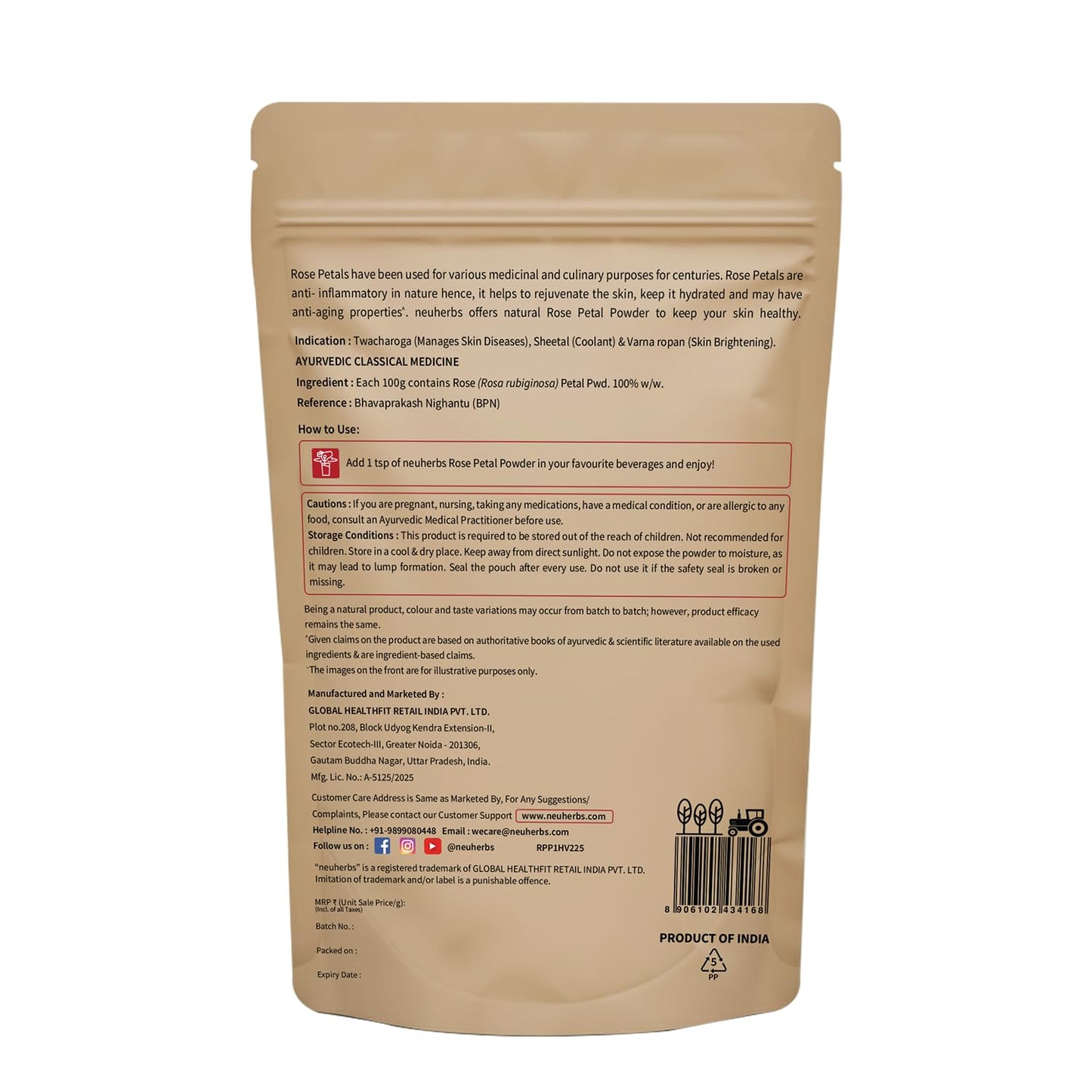 Neuherbs Rose Petal Powder - 100g | Antioxidant Support To Revitalize Skin Health | 100% Pure & Natural | Rose Powder for Face Mask, Tanning & Glowing Skin.